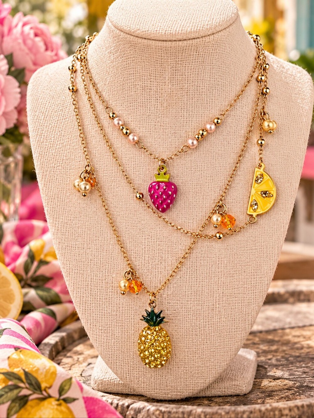 Betsey Johnson Layered Fruit Charm Necklace Strawberry Pineapple NWT